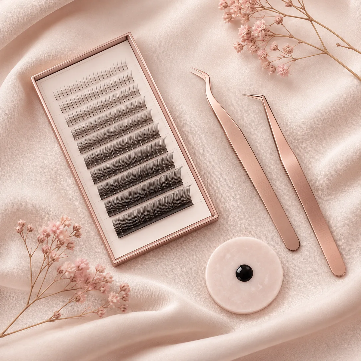 Pinças rose gold, paleta de cílios e pedra de cola sobre tecido blush